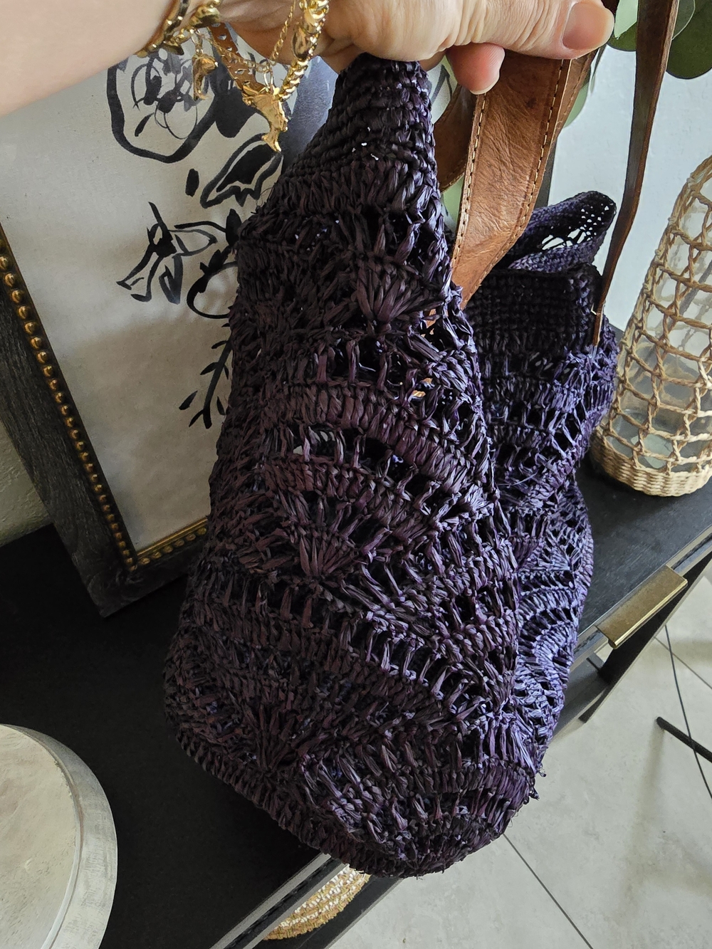 Mar Y Sol Tulum Navy Raffia Tote Handcrafted Crochet Beach Bag - Picture 8 of 10